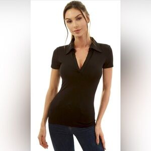 Wosalba Women's Tops Basic Shirt Short Sleeve Lapel Collared V-Neck Slim Fit S